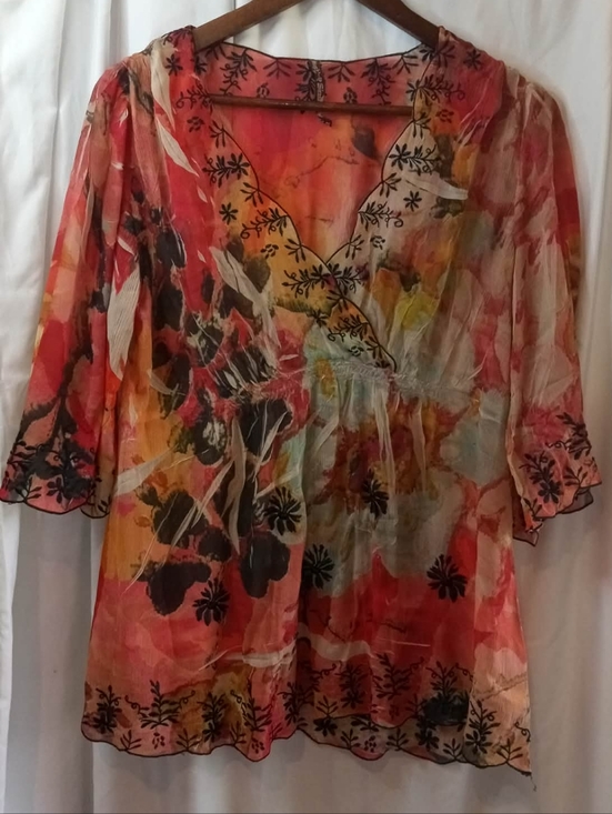 Mushka By Sienna Rose Tops - Sheer Floral V-Neck Flowy Boho Coral Black Embroidery Casual Hippie Low Cut XL